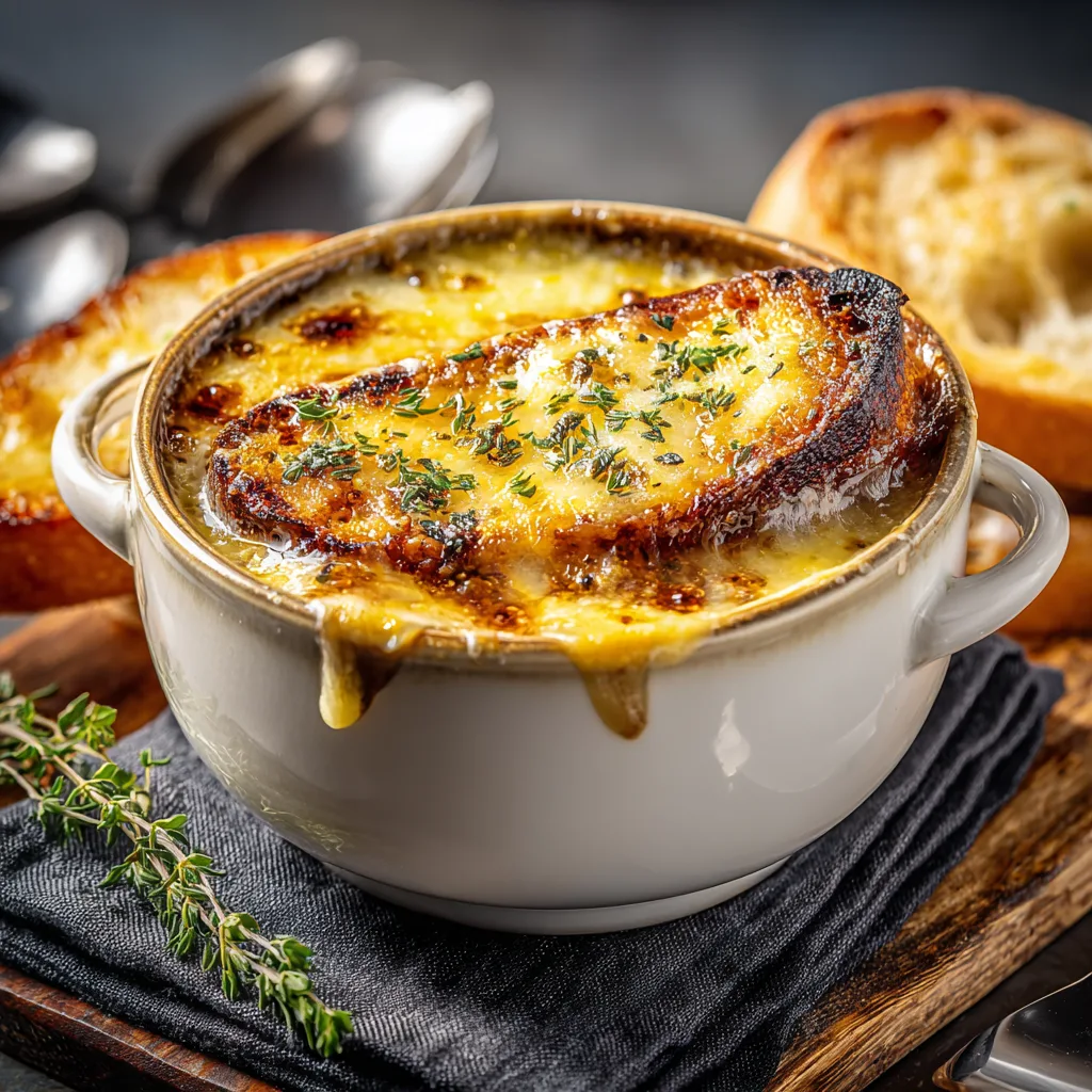 Modern served bowl of French onion soup with cheese and toast