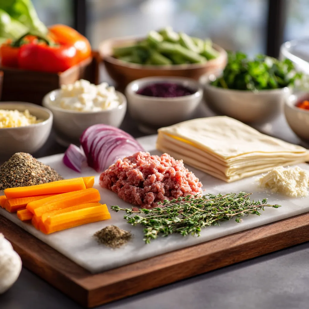 Ingredients for easy finger food appetizers on a wooden board