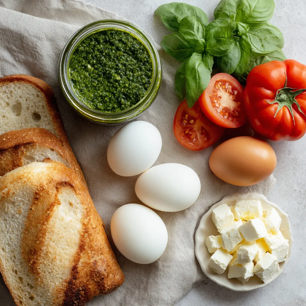 Ingredients for pesto eggs sandwich with basil and eggs