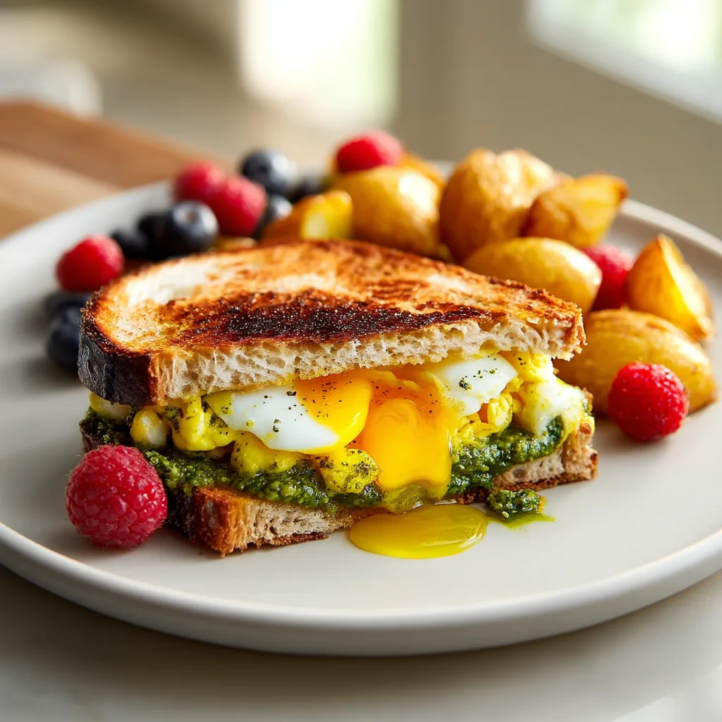 Served pesto egg breakfast sandwich with potatoes