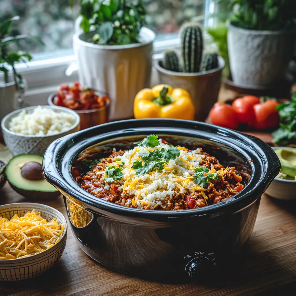Keto crockpot taco casserole in a modern kitchen Keto Crockpot Recipes