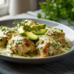 Served keto crockpot chicken with herbs and avocado Keto Crockpot Recipes