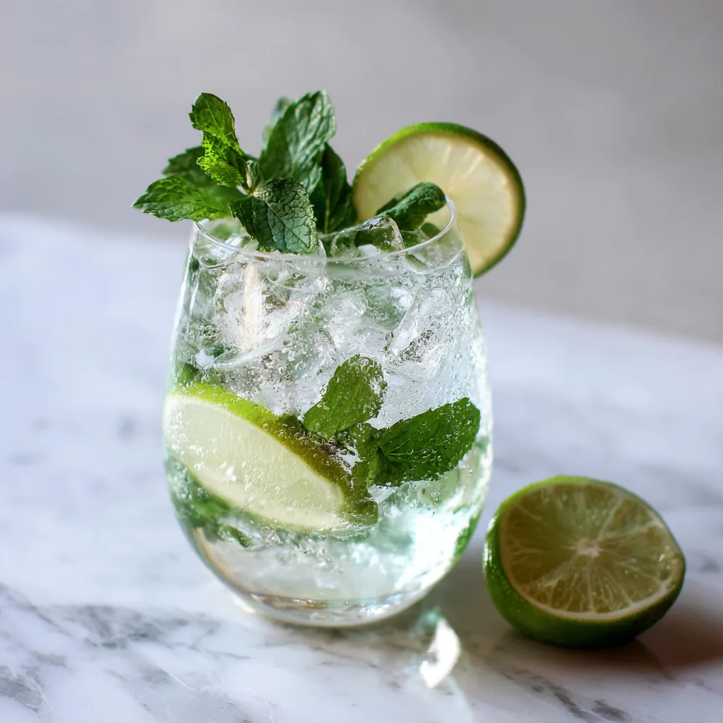 tart cherry mocktail served in a stemless wine glass with mint