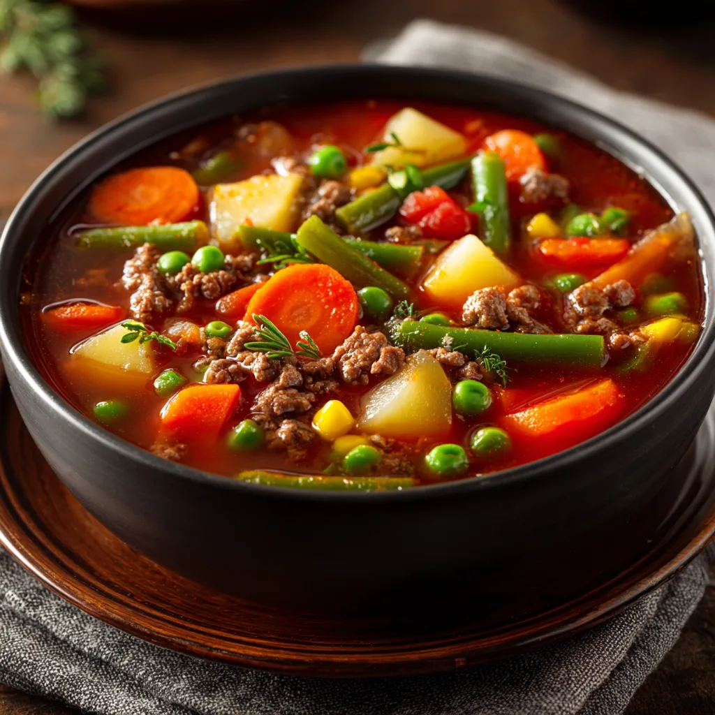 vegetable beef soup with ground beef in rustic bowl