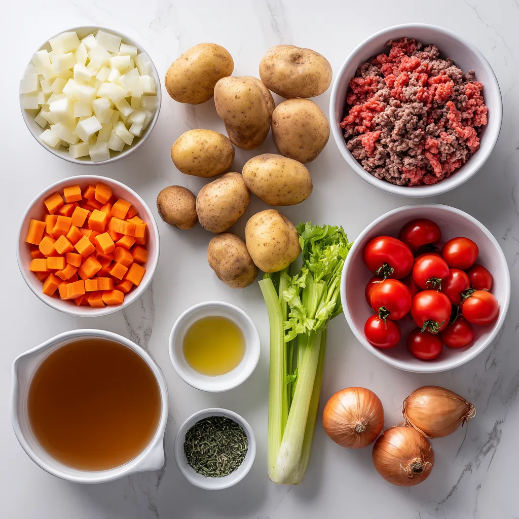 fresh ingredients for vegetable beef soup with ground beef