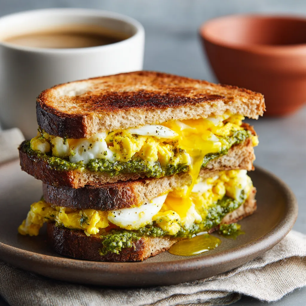 Easy Pesto Eggs Breakfast Sandwich on toast with avocado