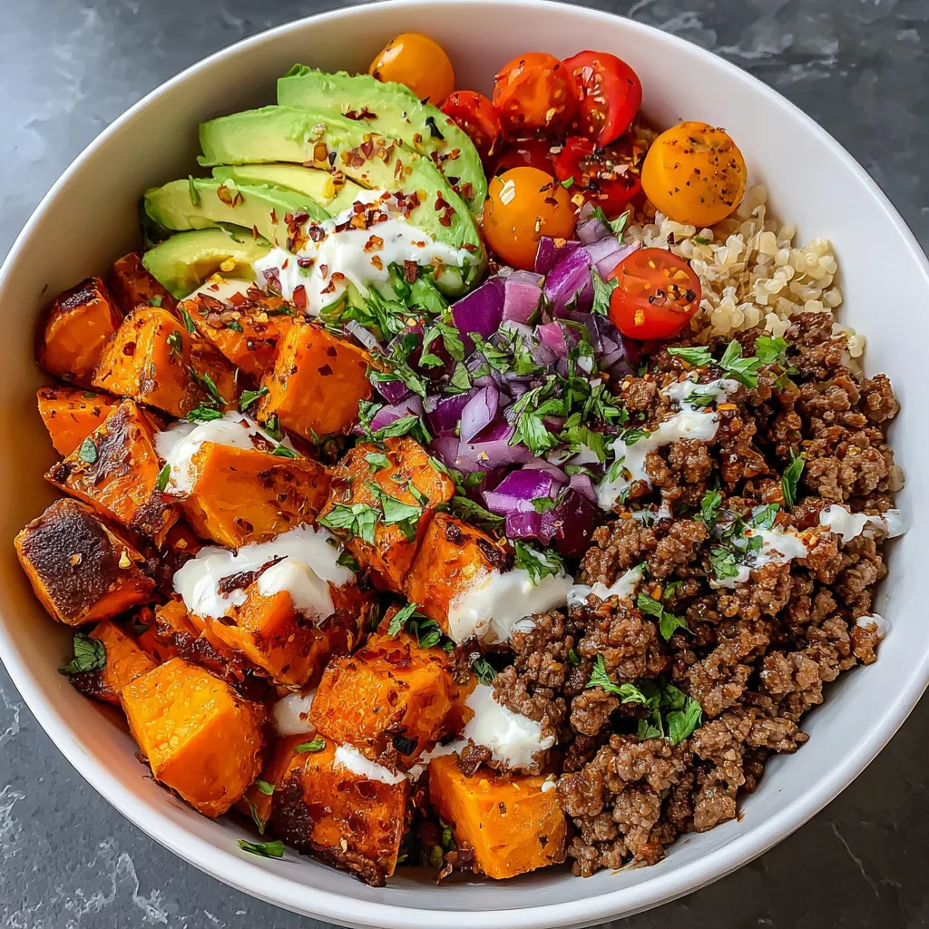 Sweet potato ground beef bowl topped with avocado, fresh herbs, and seasoned beef.