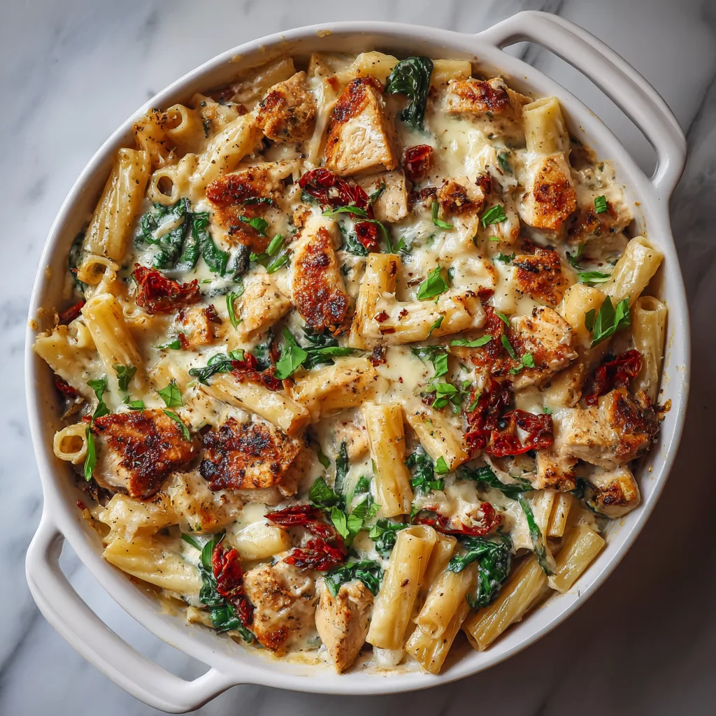 Creamy Tuscan Chicken Pasta Bake