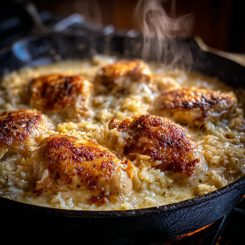Creamy Parmesan chicken and rice skillet cooked in one pan with tender chicken and creamy rice