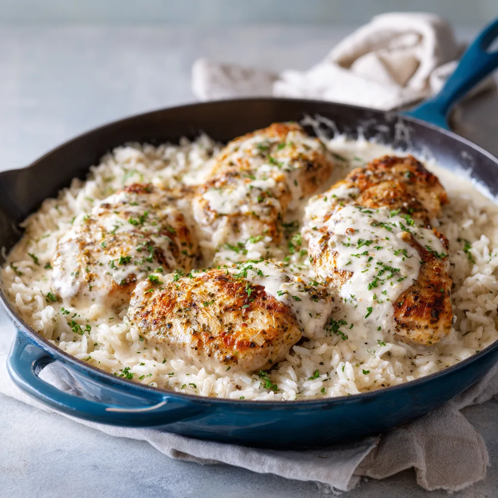 Creamy Parmesan chicken and rice served warm from a skillet for a cozy family dinner