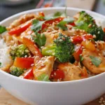 Creamy Thai coconut chicken stir fry served over jasmine rice with vegetables