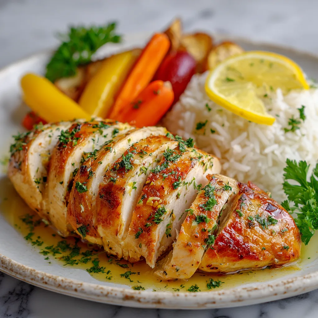 Classic oven baked marinated chicken served with roasted vegetables and rice
