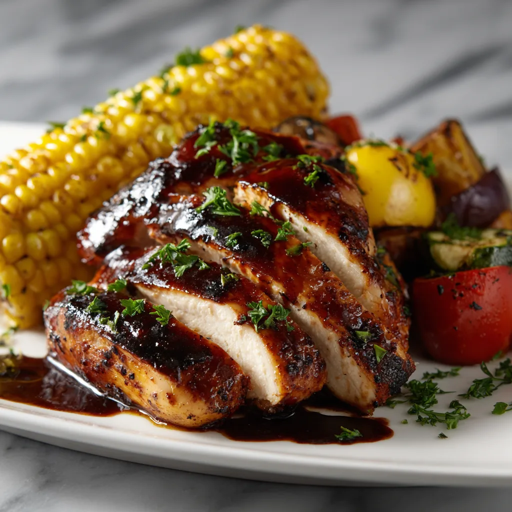 Juicy Blackstone BBQ chicken served with grilled vegetables and barbecue glaze.