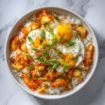 served classic easy kimchi fried rice with toppings