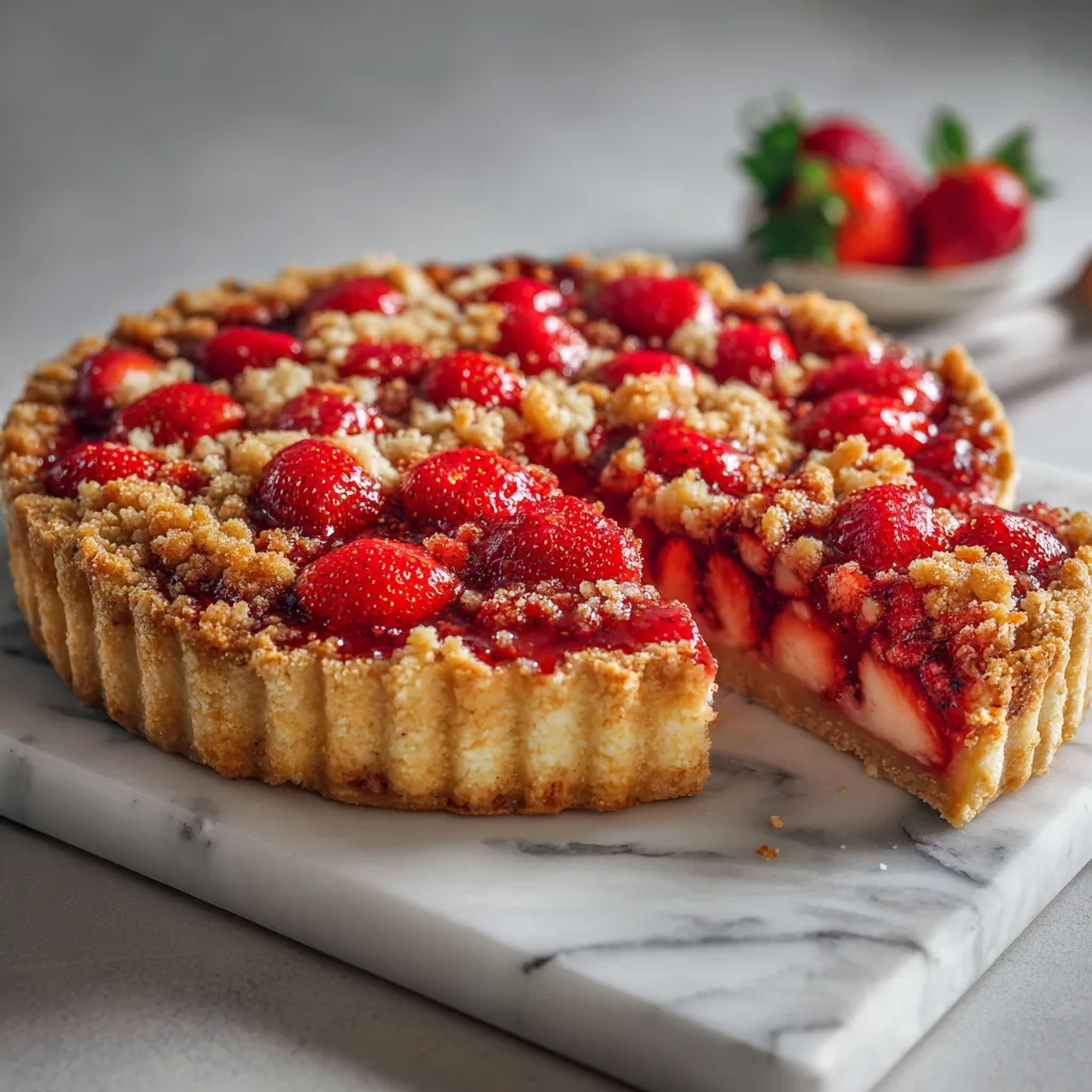 classic strawberry crumble pie with golden topping and fresh strawberries