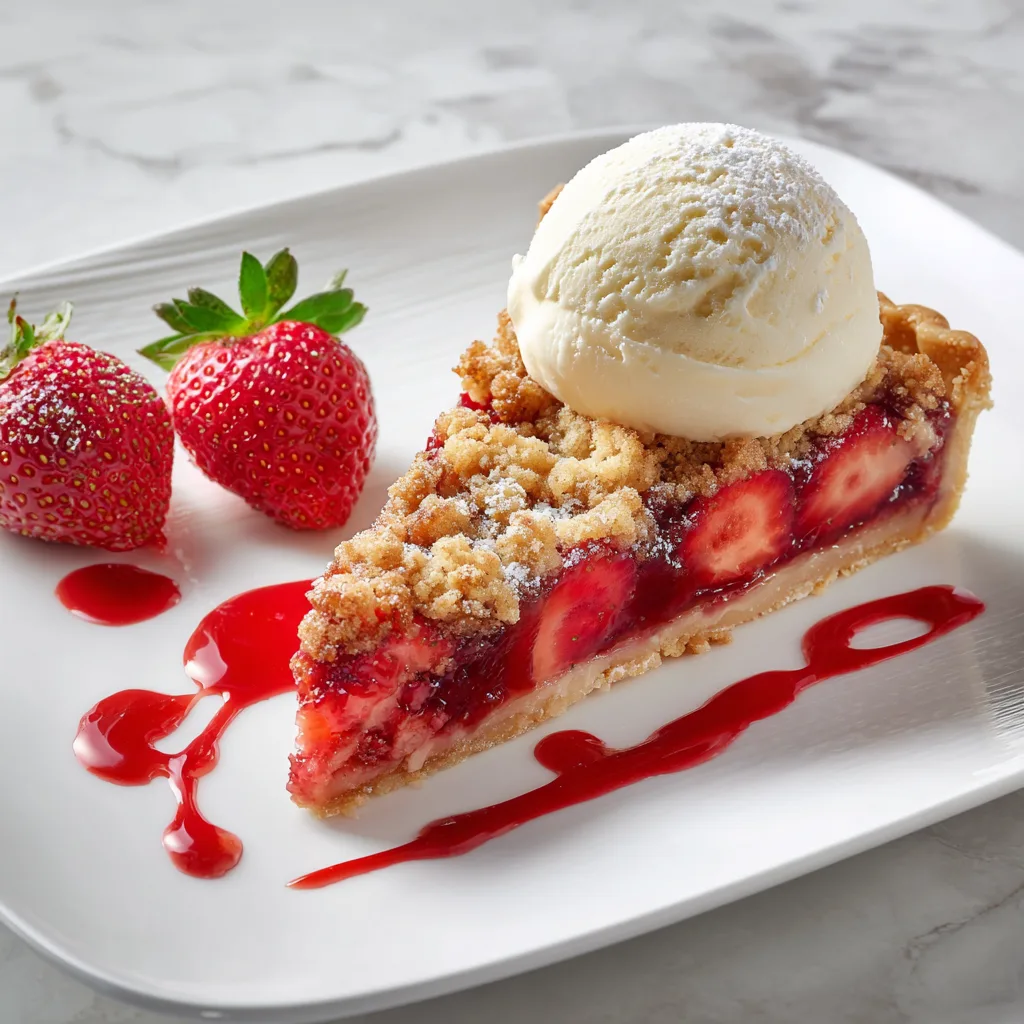 : slice of strawberry crumble pie served with vanilla ice cream