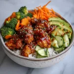 hot honey chicken bowls with rice and vegetables