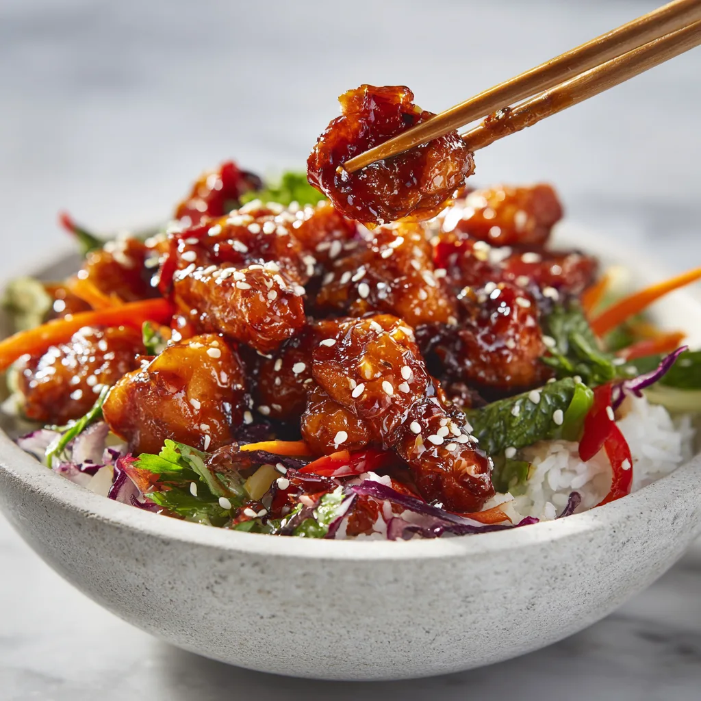 serving hot honey chicken bowl close up