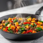 ground beef sweet potato healthy skillet in cast iron pan