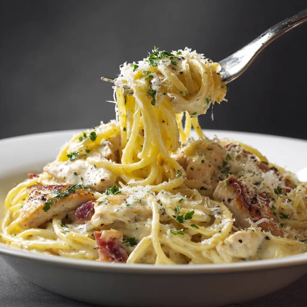 creamy chicken carbonara pasta with grilled chicken and parmesan sauce