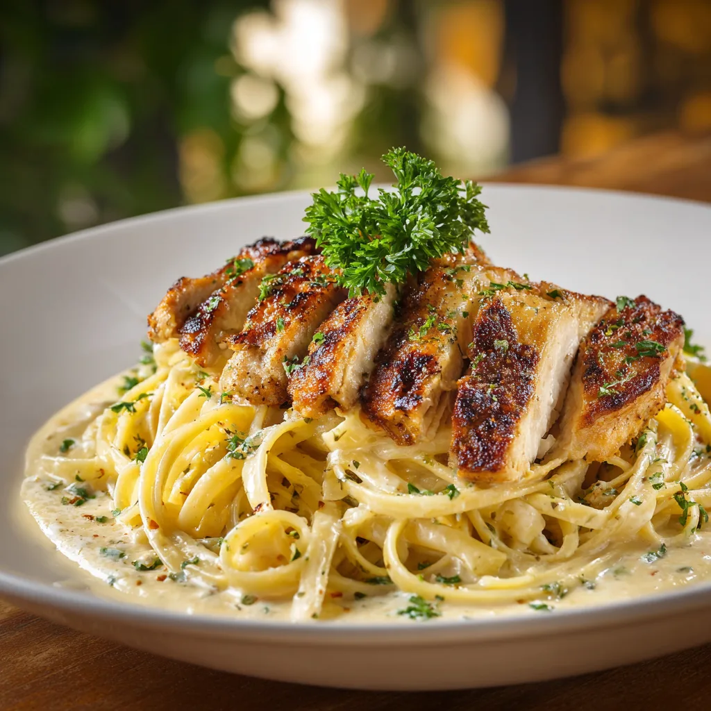 creamy chicken carbonara pasta with grilled chicken and parmesan sauce
