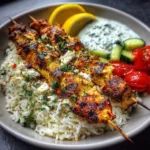 Greek chicken skewers with lemon rice served in Mediterranean bowl