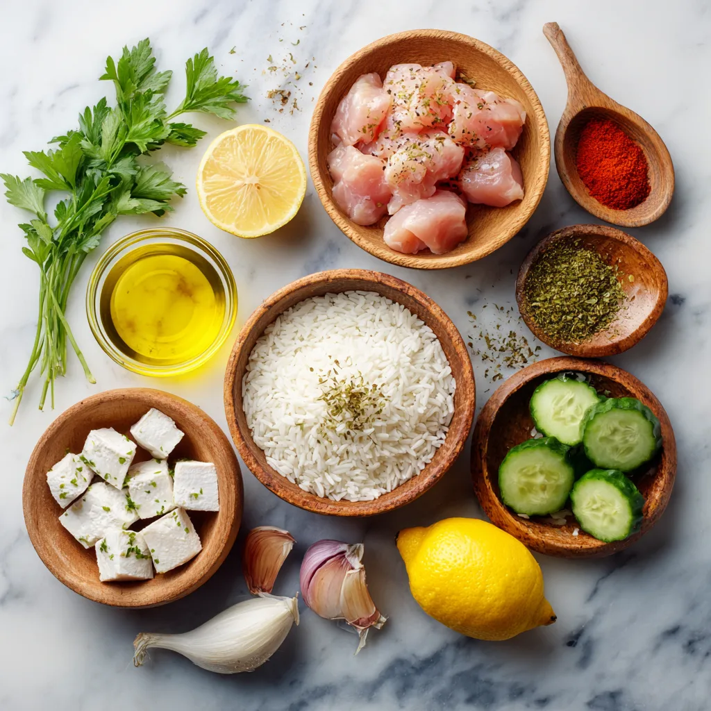 ingredients for Greek chicken skewers with lemon rice