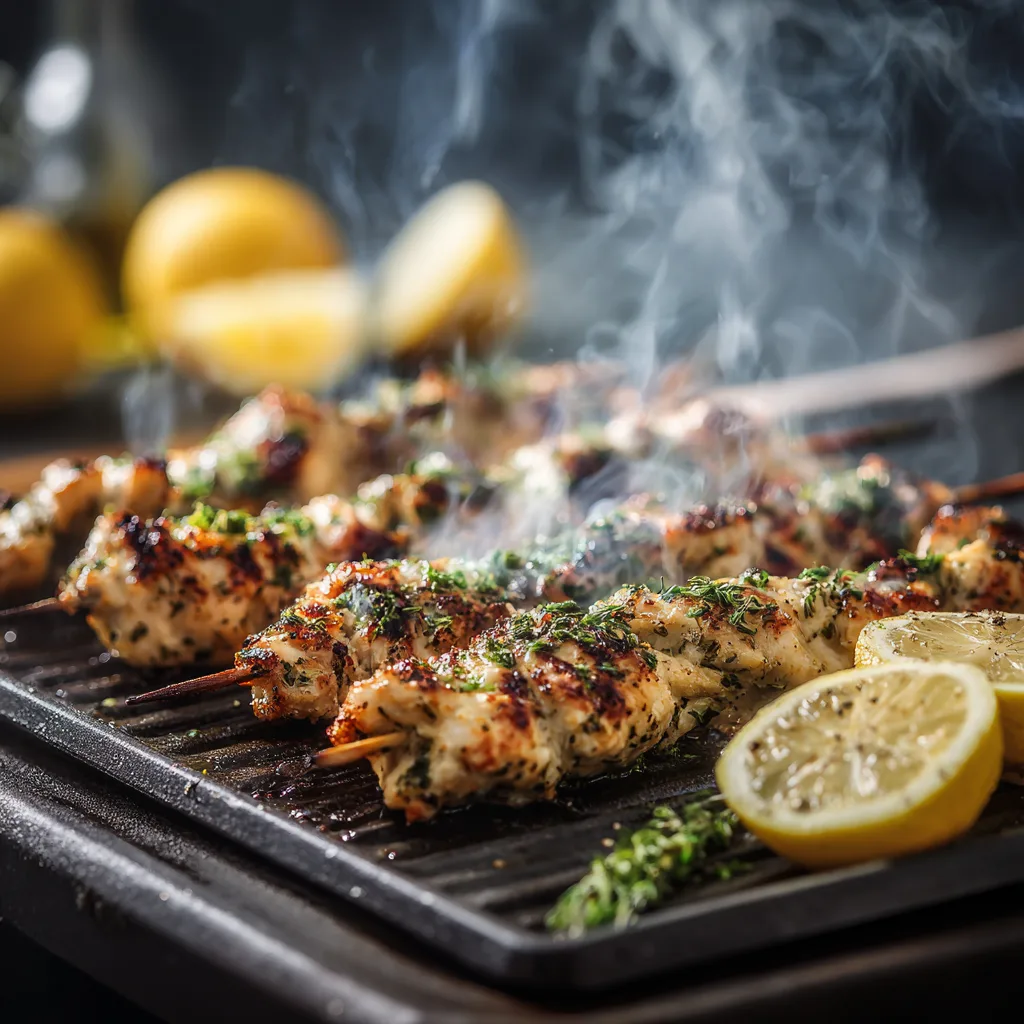 grilling Greek chicken skewers for lemon rice dinner