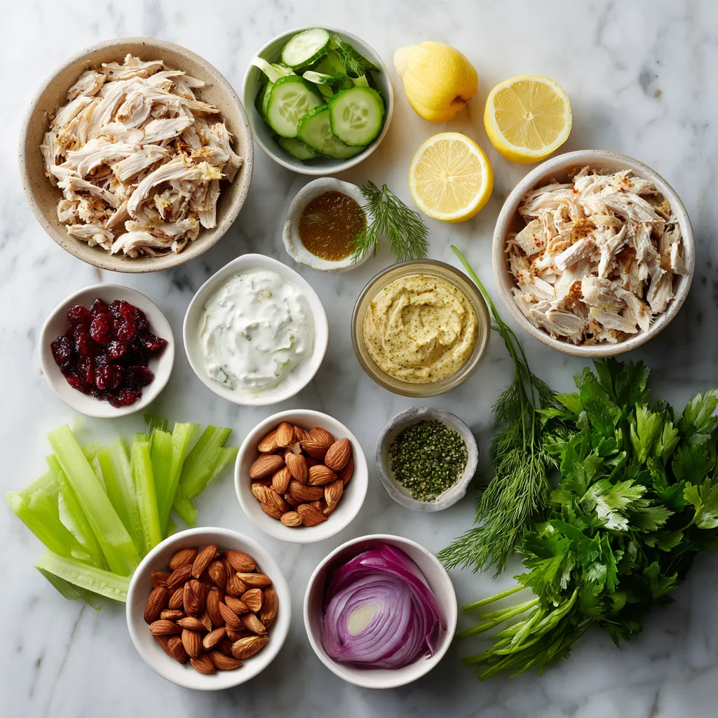 Ingredients for easy high protein rotisserie chicken salad with shredded rotisserie chicken, Greek yogurt, vegetables, and herbs.