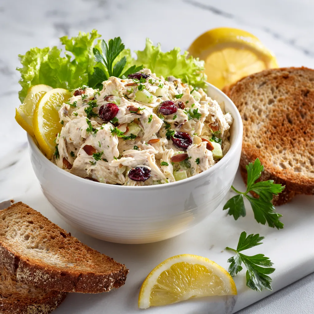 Easy high protein rotisserie chicken salad served in bowl with herbs and whole grain toast.