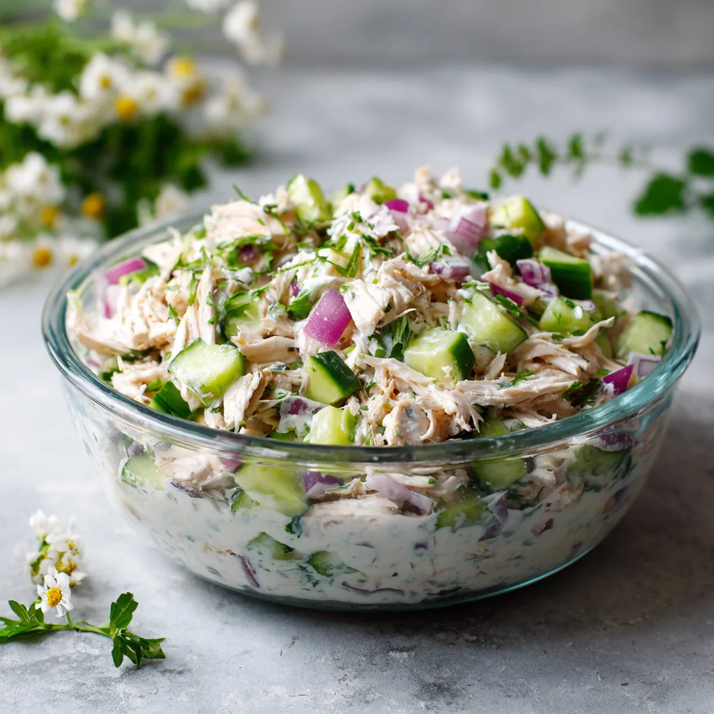 Mixing easy high protein rotisserie chicken salad with Greek yogurt dressing and fresh vegetables.