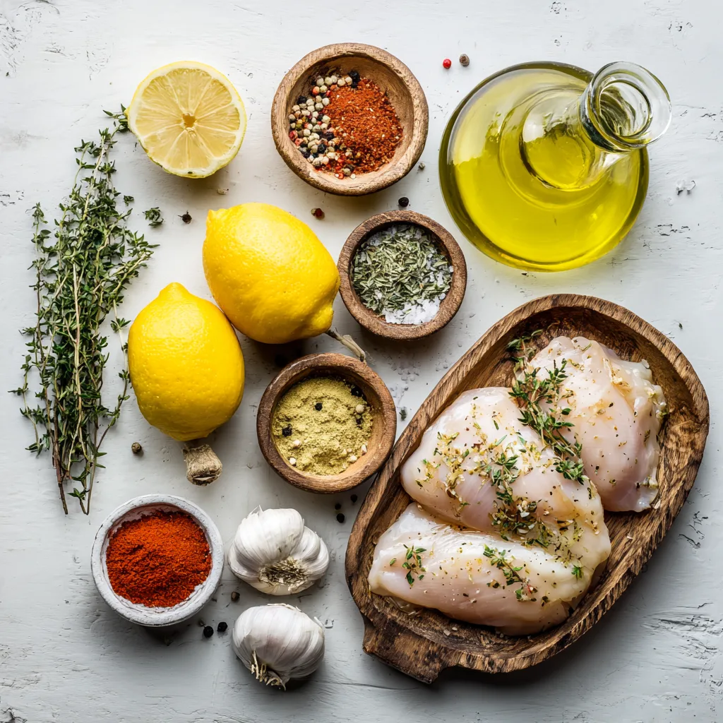Ingredients for lemon garlic Greek marinated chicken with fresh lemon, garlic, olive oil, herbs, and raw chicken.