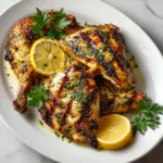 Grilled lemon garlic Greek marinated chicken served with lemon and fresh herbs.