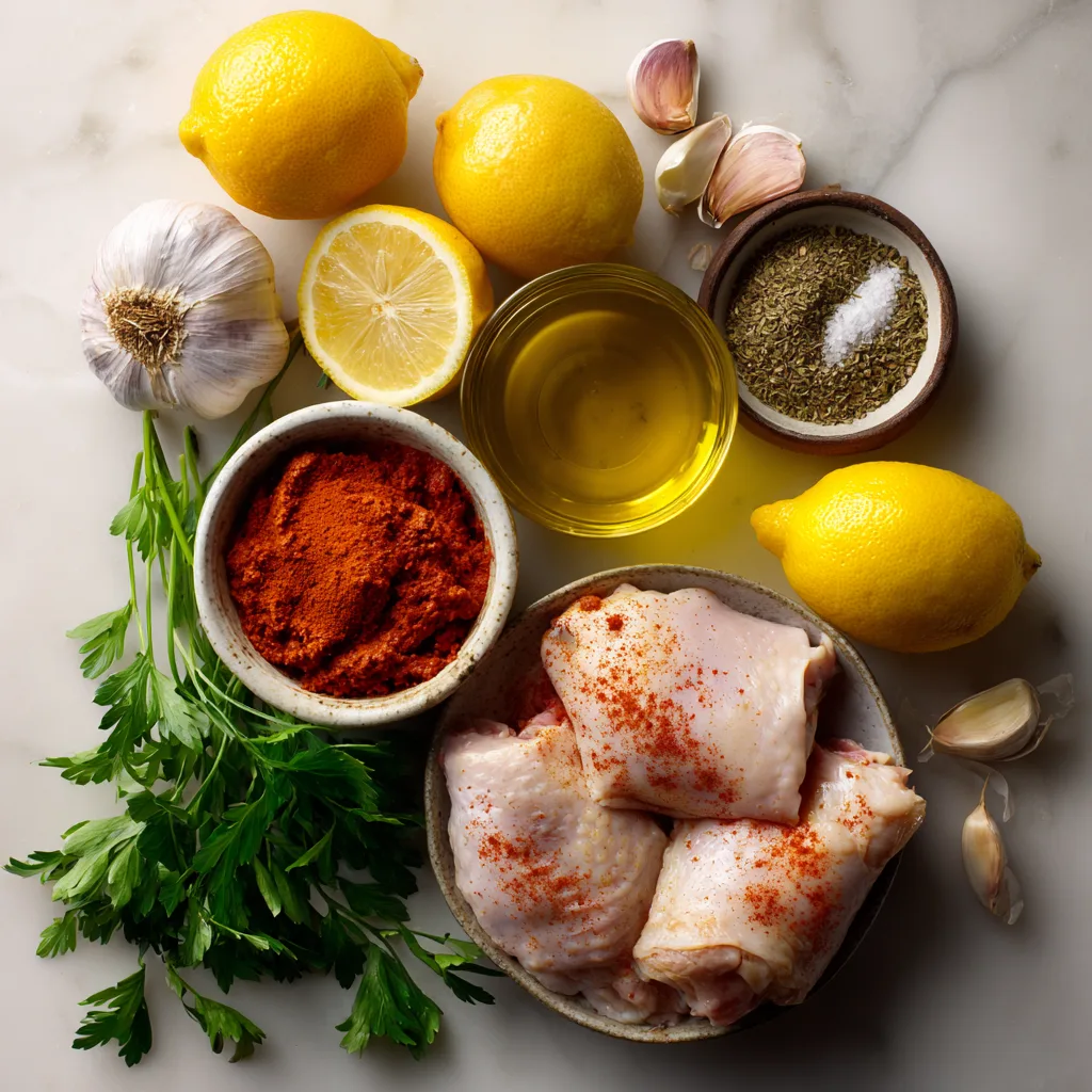 Ingredients for spicy harissa chicken including raw chicken, harissa paste, garlic, lemon, olive oil, and Mediterranean spices.