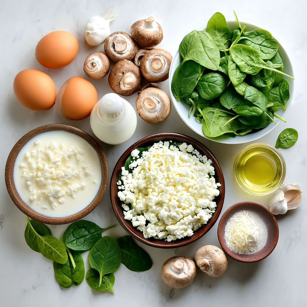 Ingredients for high protein cottage cheese breakfast casserole with spinach, mushrooms, eggs, and cheese.