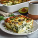 High protein cottage cheese breakfast casserole with spinach and mushrooms served on a plate.