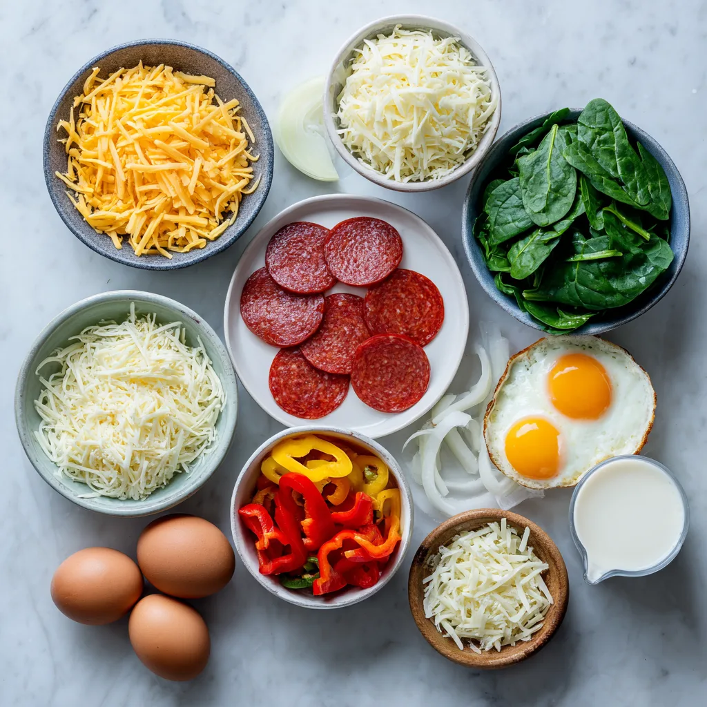 Ingredients for pepperoni breakfast cups with eggs including pepperoni, eggs, cheese, and vegetables.