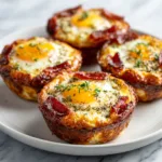 Pepperoni breakfast cups with eggs served on plate with melted cheese.