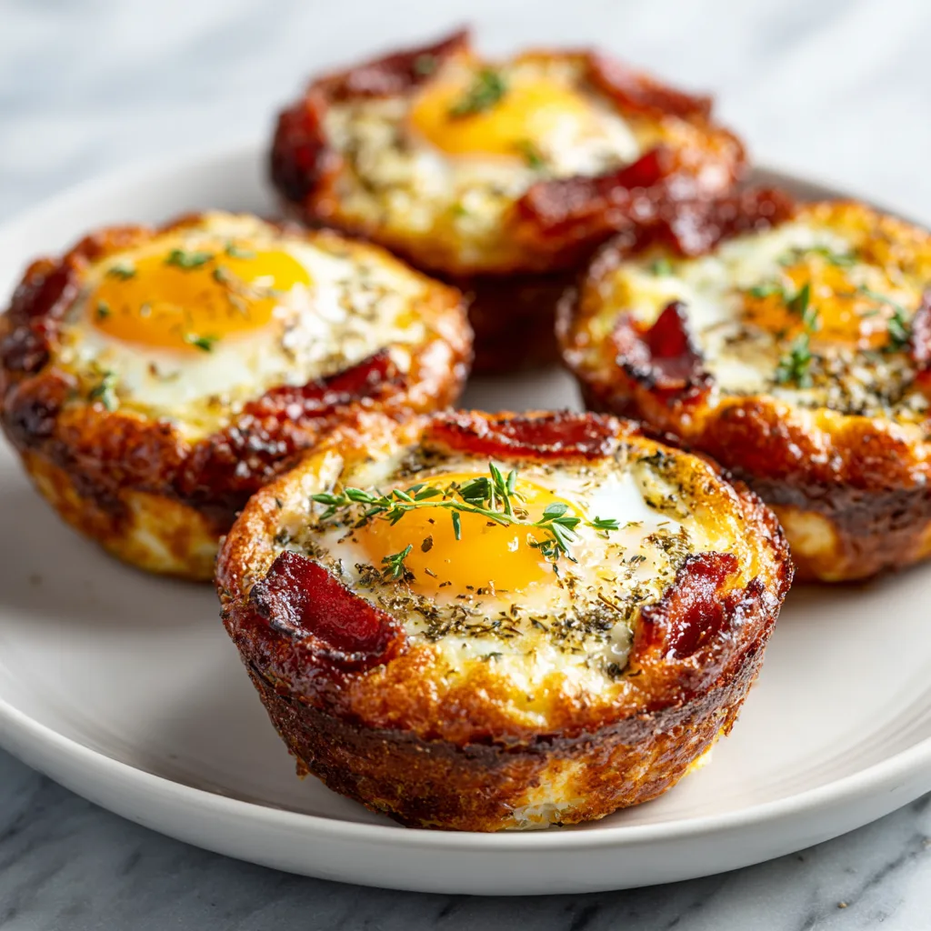 Pepperoni breakfast cups with eggs served on plate with melted cheese.