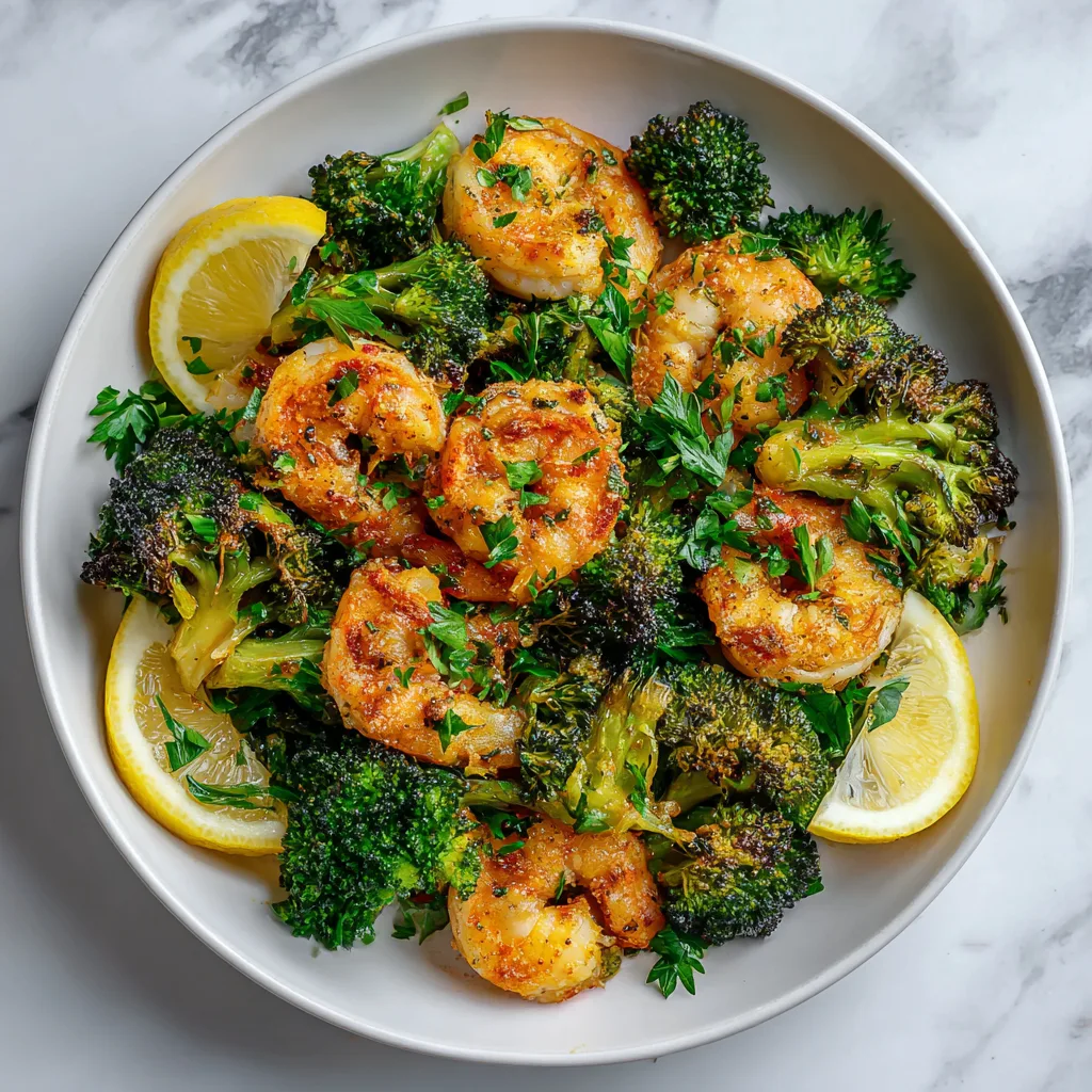 A healthy roasted shrimp and broccoli dinner served with lemon wedges and fresh parsley.