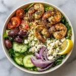 roasted shrimp salad with feta olives cucumber tomatoes and lemon dressing