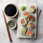salmon avocado sushi roll served with soy sauce ginger and wasabi