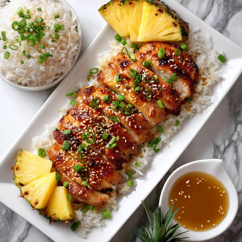 easy baked pineapple chicken served with rice pineapple sauce and green onions