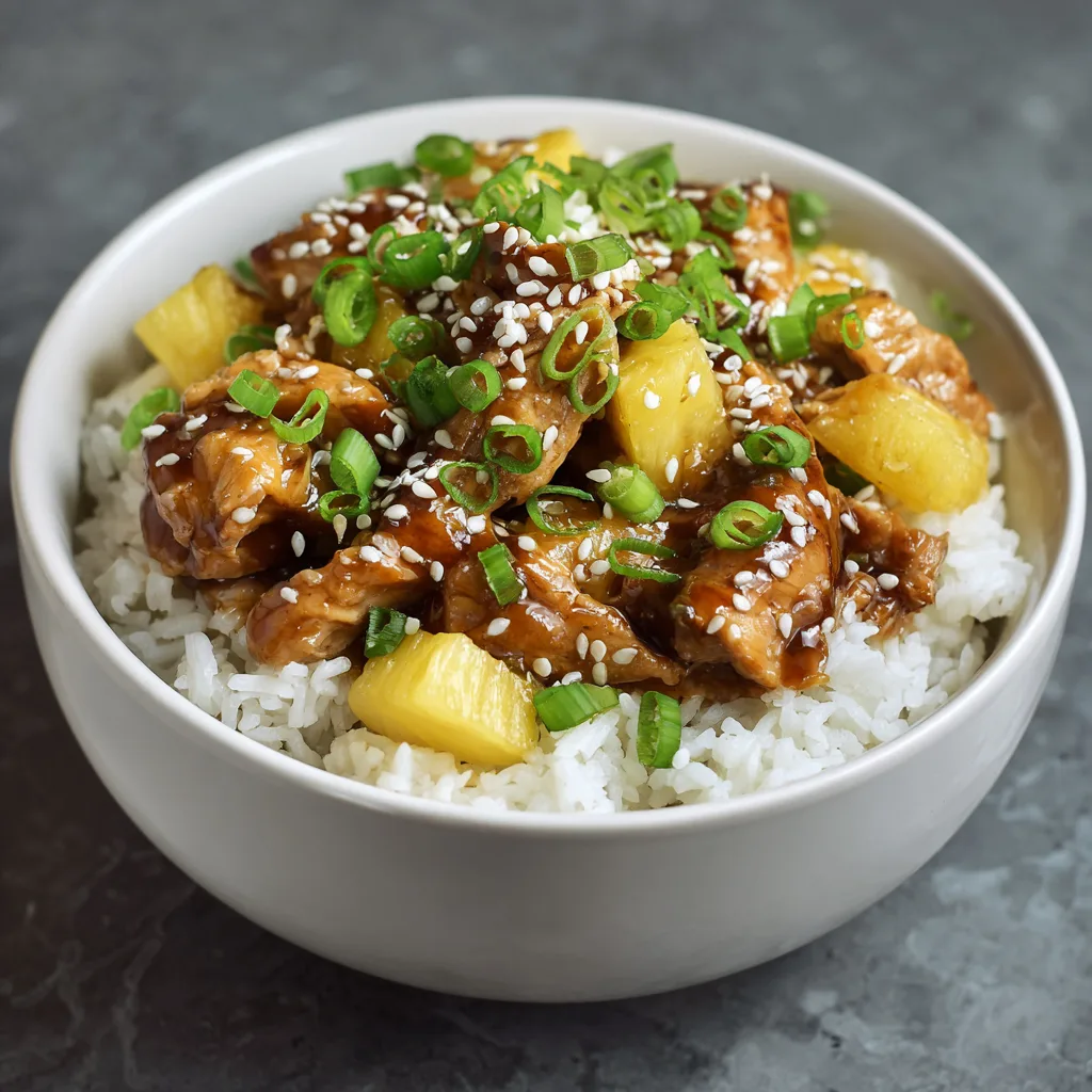 slow cooker pineapple chicken served over rice with pineapple sauce green onions and sesame seeds