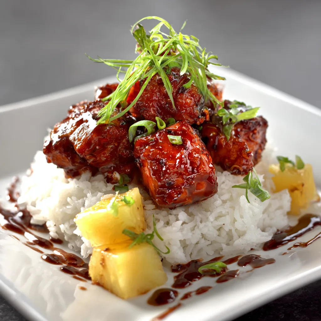 pineapple bbq chicken served over rice with pineapple sauce and green onions
