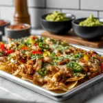 Chicken fajita nachos with melted cheese, peppers, onions and tortilla chips