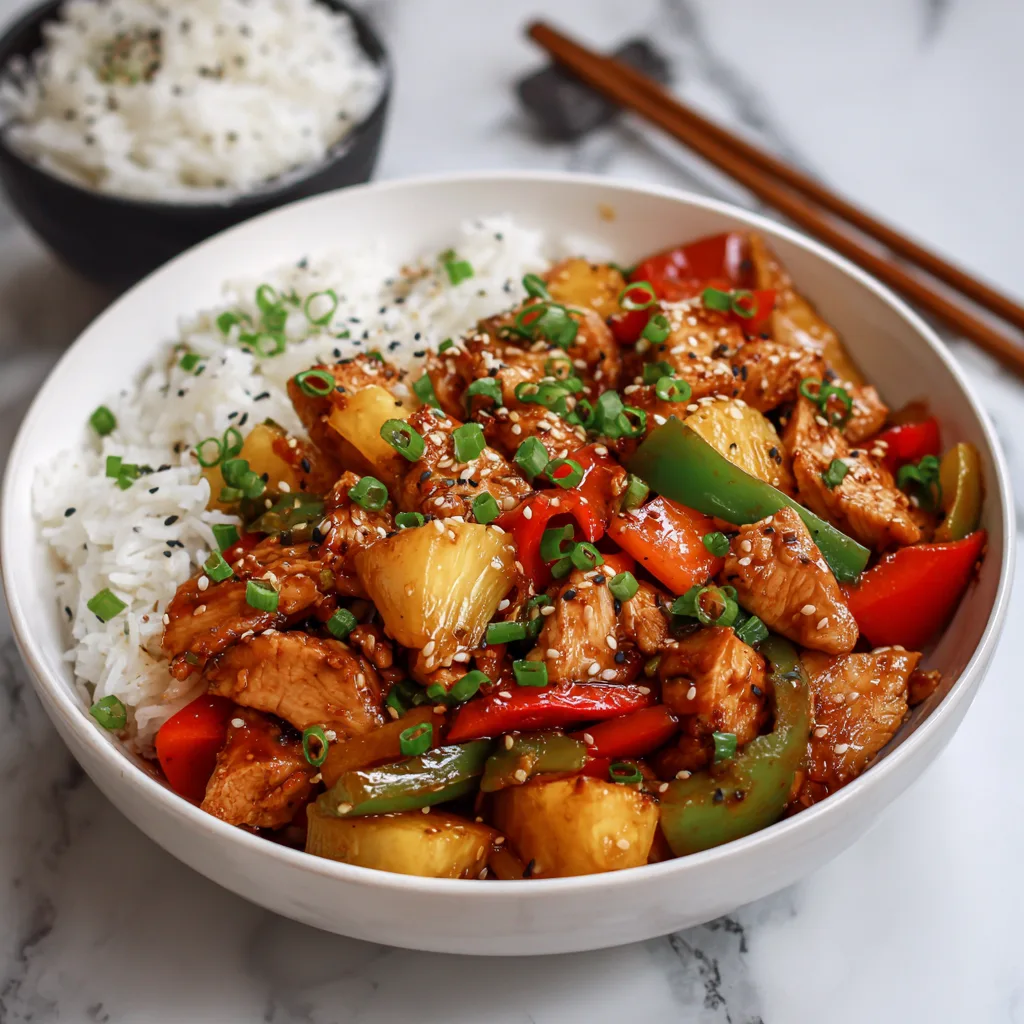 pineapple chicken stir fry served over rice with sesame seeds and green onions