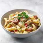 Creamy Cajun chicken pasta with sausage served with Parmesan and parsley garnish.