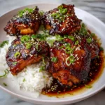 Baked honey garlic chicken thighs served with rice and sesame garnish.