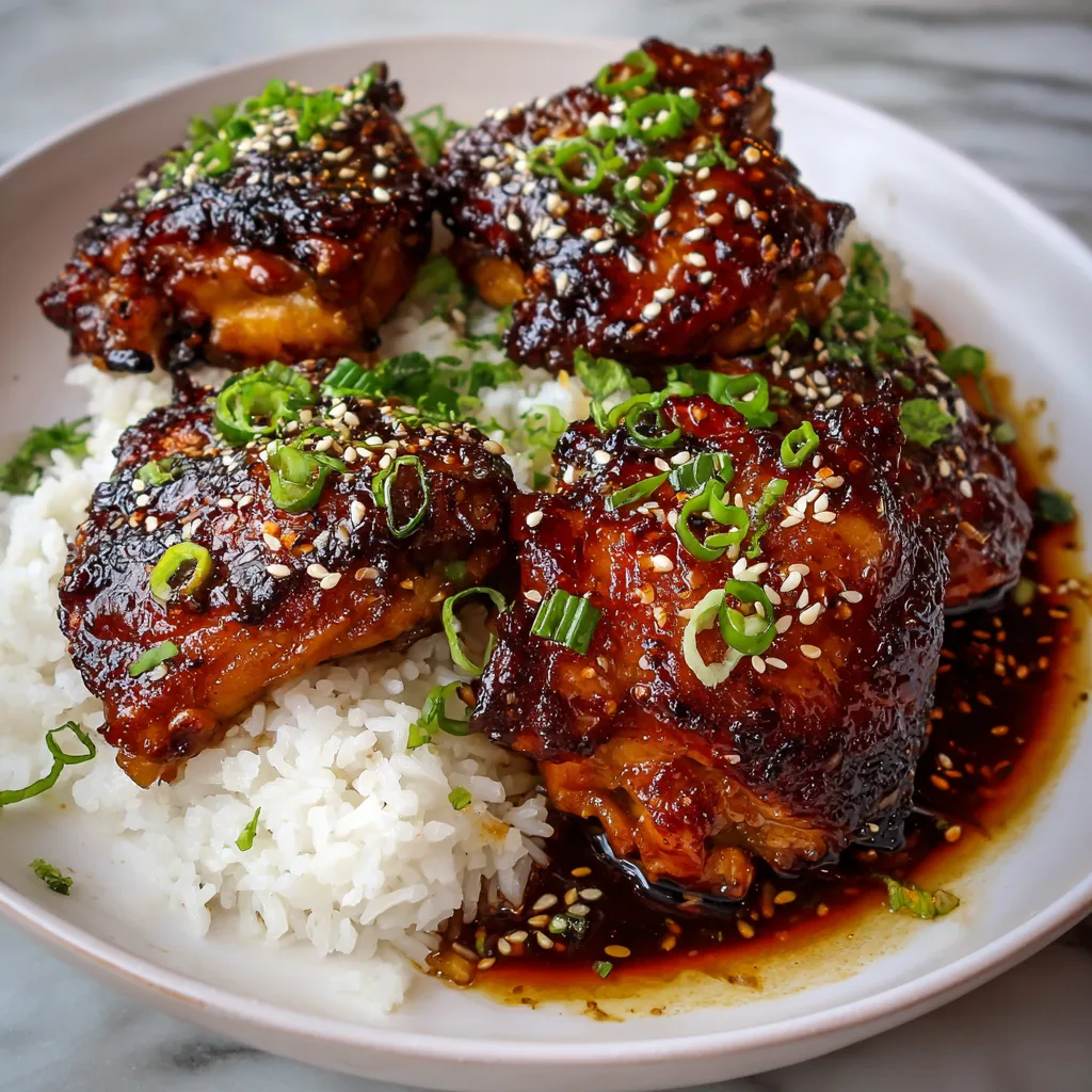 Baked honey garlic chicken thighs served with rice and sesame garnish.